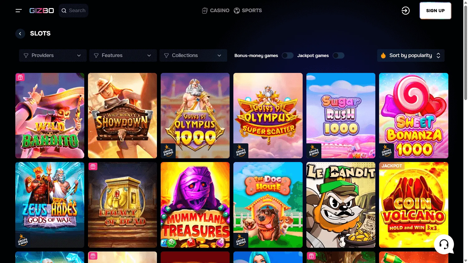 Gizbo Casino games screen on desktop