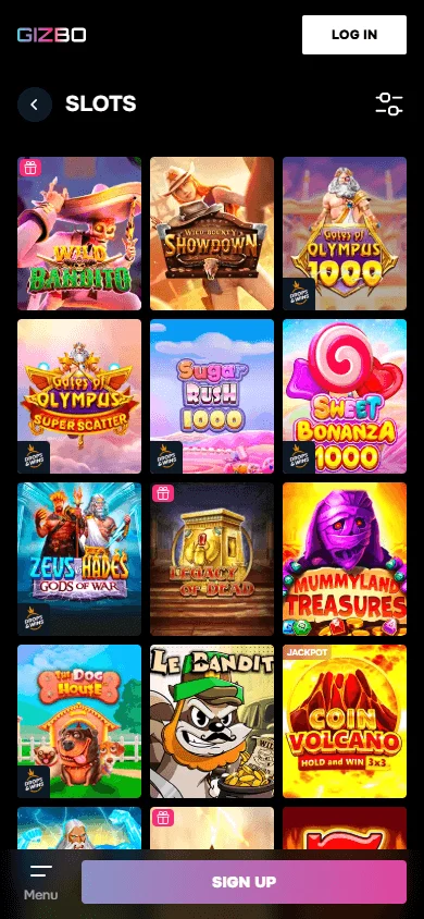Gizbo Casino games screen on a mobile phone