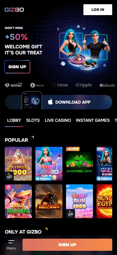 Gizbo Casino home screen on a mobile phone