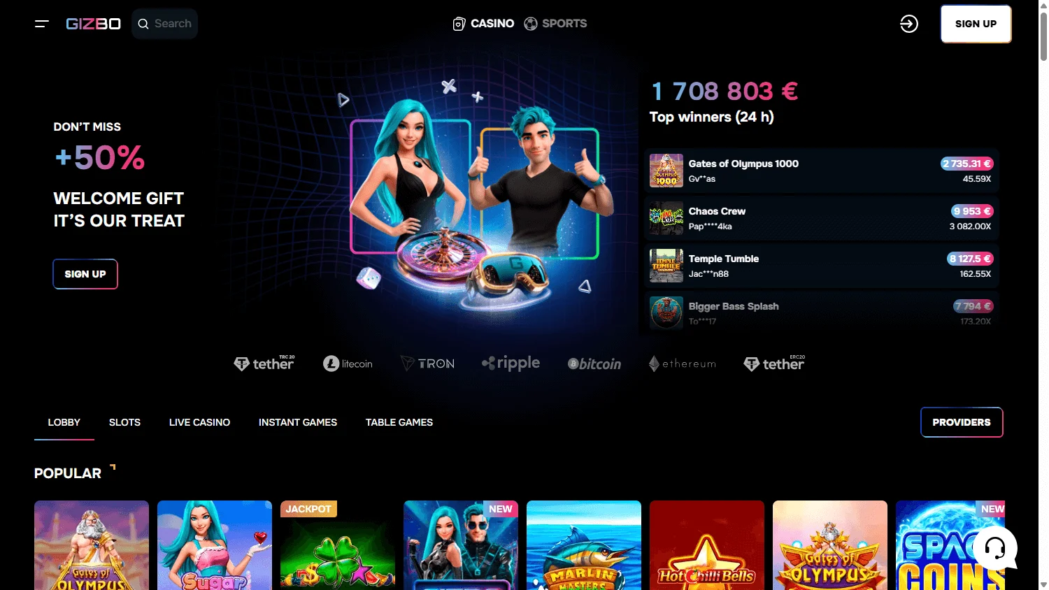 Gizbo Casino home screen on desktop