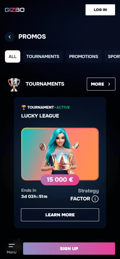 Gizbo Casino promotions screen on a mobile phone