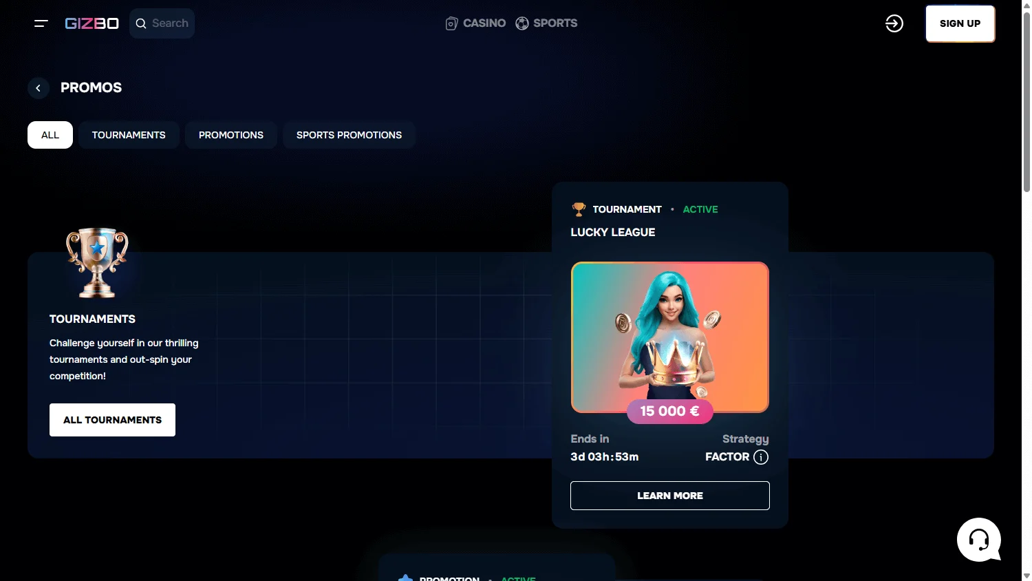 Gizbo Casino promotions screen on desktop